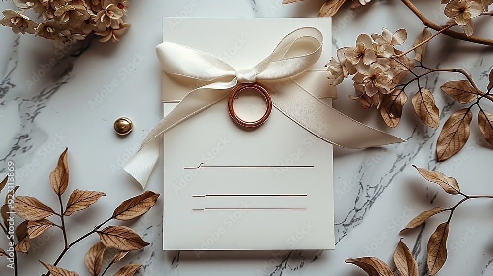 wedding invitation card template top view blank paper card golden rings silk ribbon wax seal stamp golden branches on marble background luxury style flat lay. wedding invitation card template top view blank paper card golden rings silk ribbon wax seal stamp golden branches on marble background luxury style flat lay.