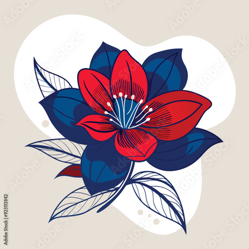 A painting of three red flowers with blue leaves