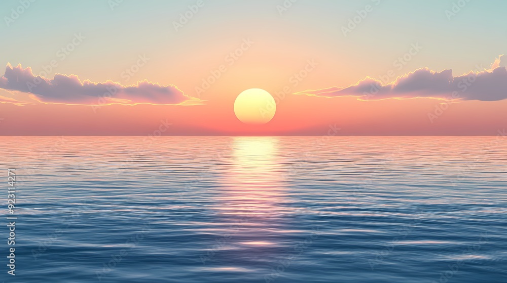 A serene sunset over the ocean with a few clouds in the sky. A serene sunset over the ocean with a few clouds in the sky.