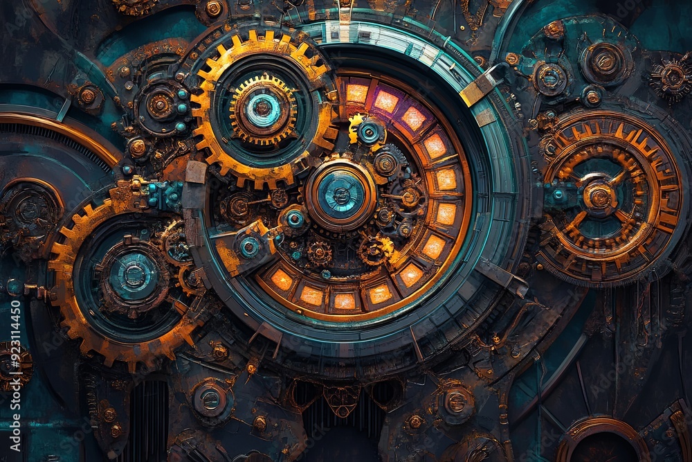 Fototapeta premium Intricate steampunk mechanical clockwork gears in a rich blend of bronze and teal hues, showcasing a complex design. Generative AI
