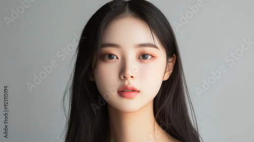 Front view of a 20-year-old Korean woman with a perfectly balanced face and natural beauty, featuring clear, unblemished skin and long hair, suitable for a realistic passport photo. photo