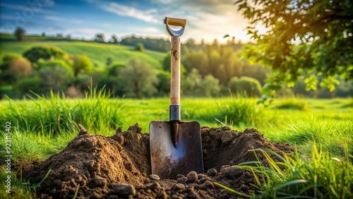 A shovel rests at the edge of a freshly dug hole in a lush green meadow, surrounded by scattered dirt and uprooted grass clippings. photo