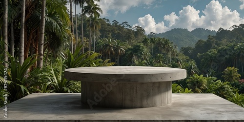 Creative minimal concept. Rock stone block podium with natural green foliage plant shadow background and natural sunlight. photo