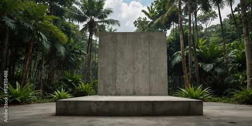 Creative minimal concept. Rock stone block podium with natural green foliage plant shadow background and natural sunlight. photo