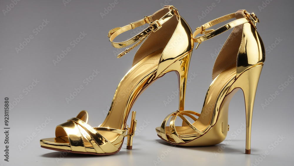 This is a pair of gold high-heeled sandals with a thin strap and a pointed toe.
This is a pair of gold high-heeled sandals with a thin strap and a pointed toe.