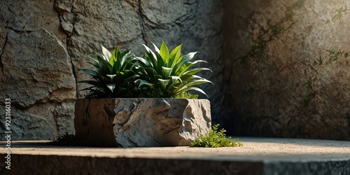 Creative minimal concept. Rock stone block podium with natural green foliage plant shadow background and natural sunlight.