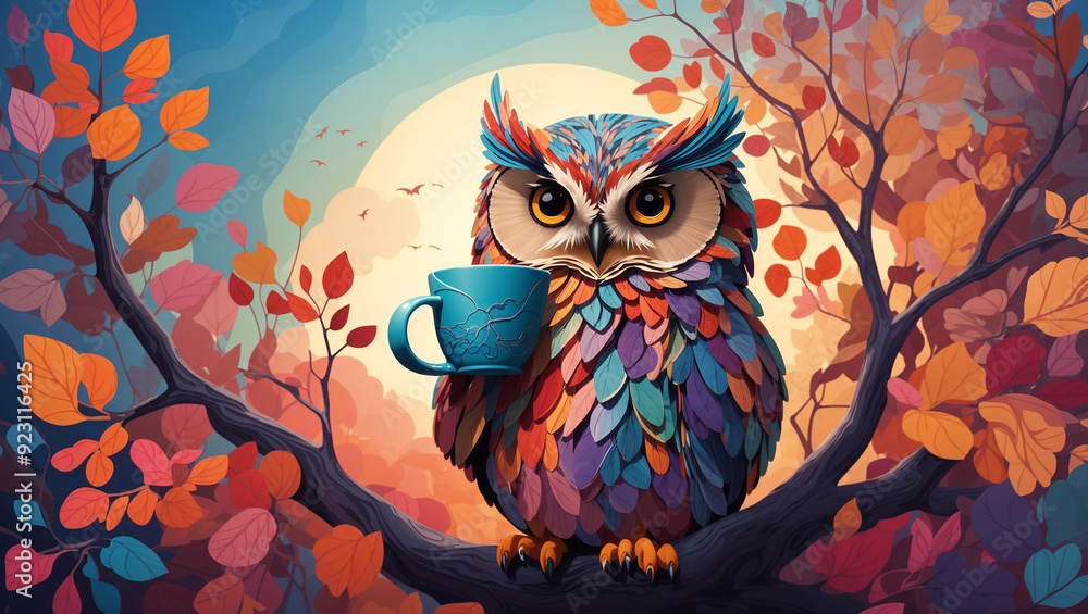 Fototapeta premium This is a picture of an owl holding a cup of tea, sitting on a branch with autumn leaves.