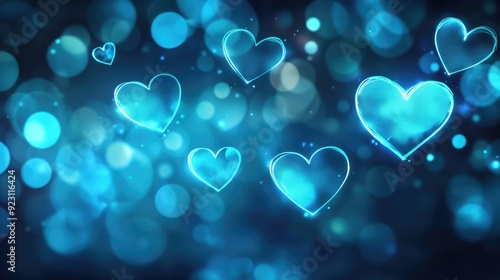 Elegant banner design featuring glowing neon blue hearts in a bokeh style, with a soft and romantic atmosphere and room for copy.