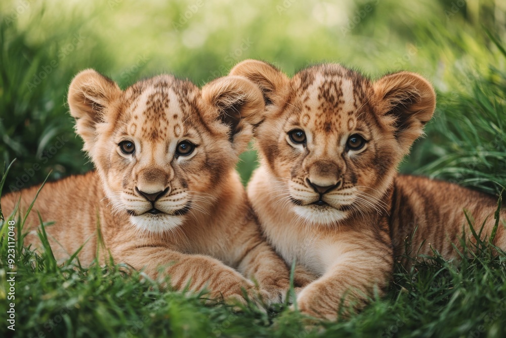 photo of a two cute lion cubs in the grass photo of a two cute lion cubs in the grass