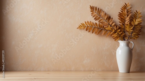 Empty table against beige textured wall background. Composition with glossy leaves on the wall.