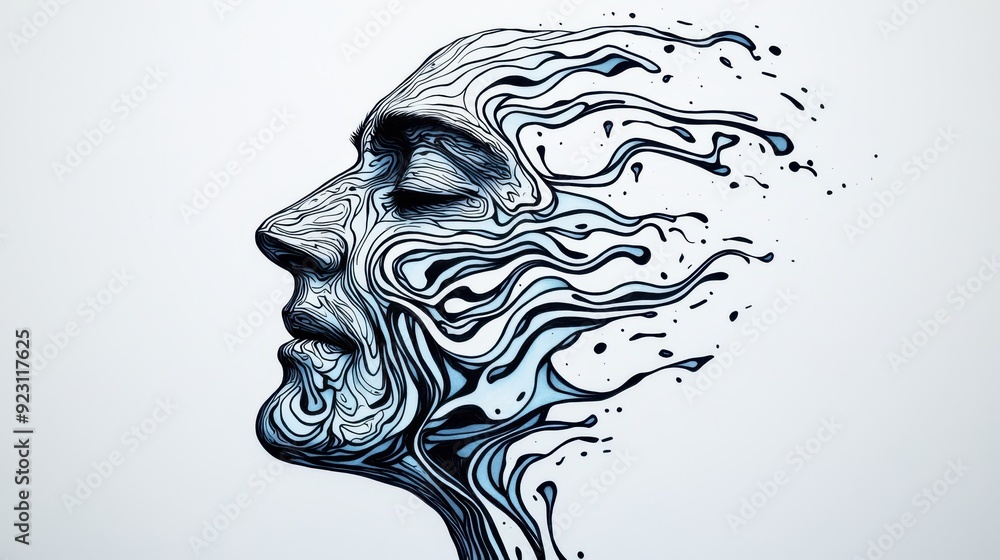 An abstract representation of a human face merging with fluid shapes, symbolizing creativity and transformation. An abstract representation of a human face merging with fluid shapes, symbolizing creativity and transformation.