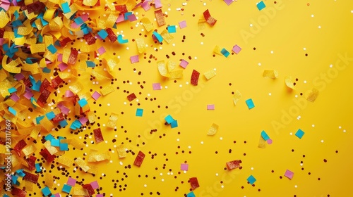 Colorful confetti and streamers floating in the air on a yellow background. The concept of a holiday, party or special event. photo