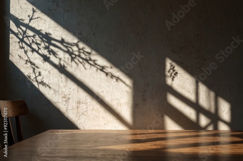 Empty table against beige textured wall background. Composition with glossy leaves on the wall.