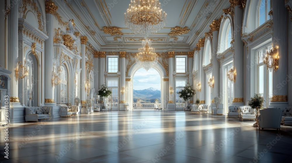 Fototapeta premium Grand ballroom with gold wallpaper, moldings, and crystal chandelier.