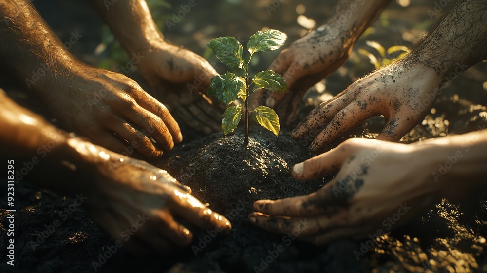 Diverse hands nurturing young plant in soil, symbolizing teamwork and environmental care Diverse hands nurturing young plant in soil, symbolizing teamwork and environmental care