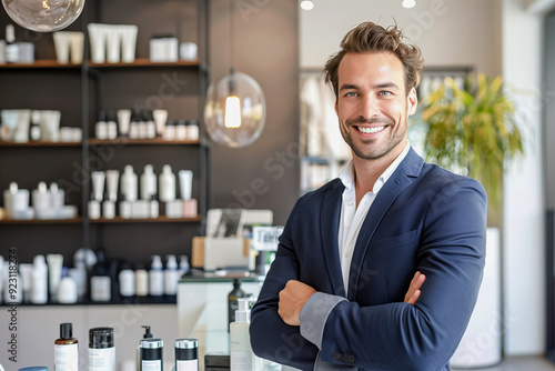 Handsome businessman is smiling with his arms crossed in a modern cosmetics store full of beauty products