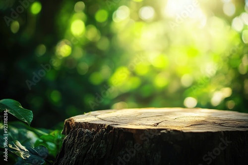 Tree Stump Podium in Lush Jungle, Vibrant Forest Setting with Moss Covered Stump and Blurred Green Background on a Sunny Day