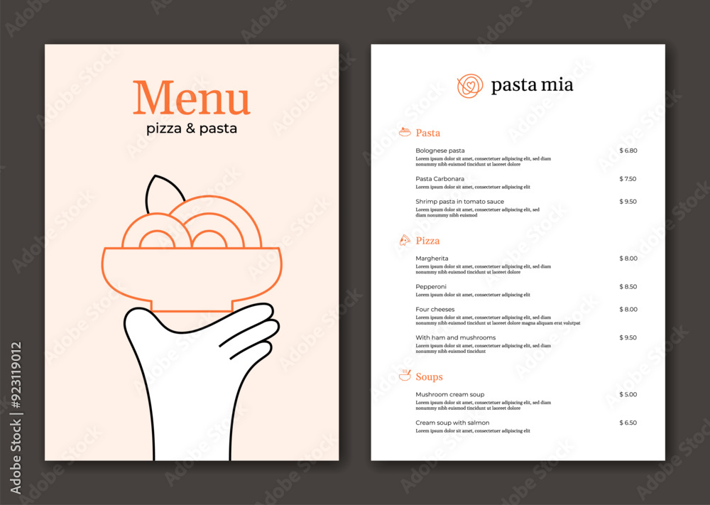 Pasta menu template. Spaghetti plate in hand illustration. Modern ...