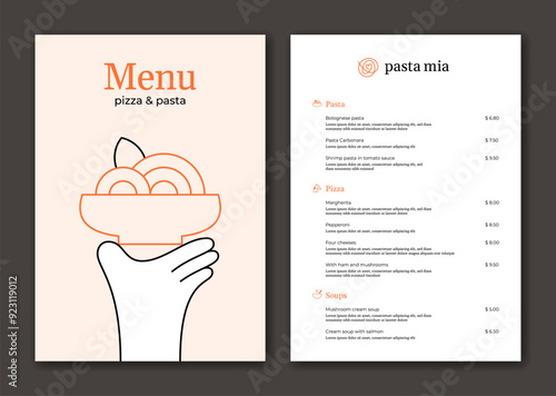 Pasta menu template. Spaghetti plate in hand illustration. Modern noodle bowl background. Vector ramen design concept. Creative art for italian, asian, chinese, japanese restaurant, cafe, bar