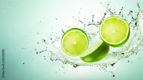 Fresh lime dropped into water with splash