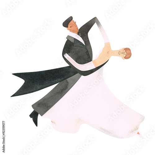 dancing couple watercolor style, black suit, white dress clip art preview
