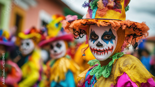 Halloween in Colombia: Street festivals with people in colorful and spooky costumes,