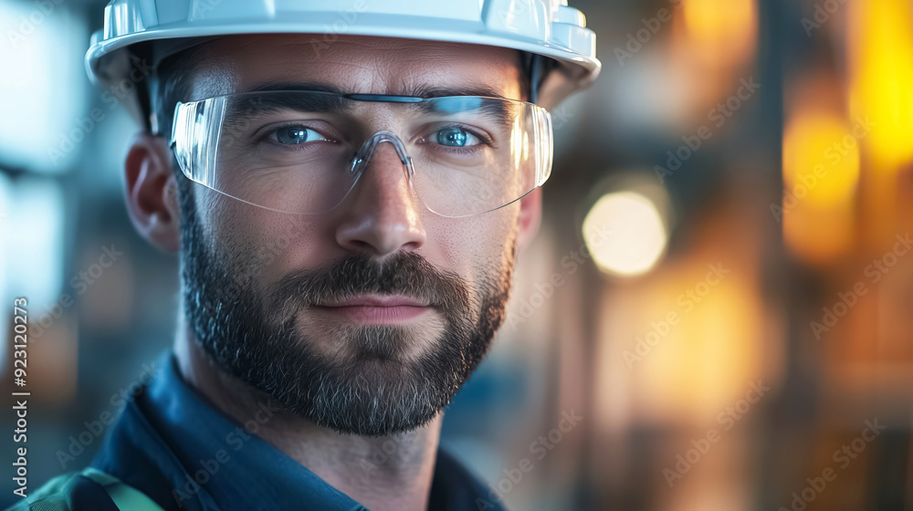 Closeup of a young male factory worker with a beard wearing a hard hat and safety goggles Closeup of a young male factory worker with a beard wearing a hard hat and safety goggles