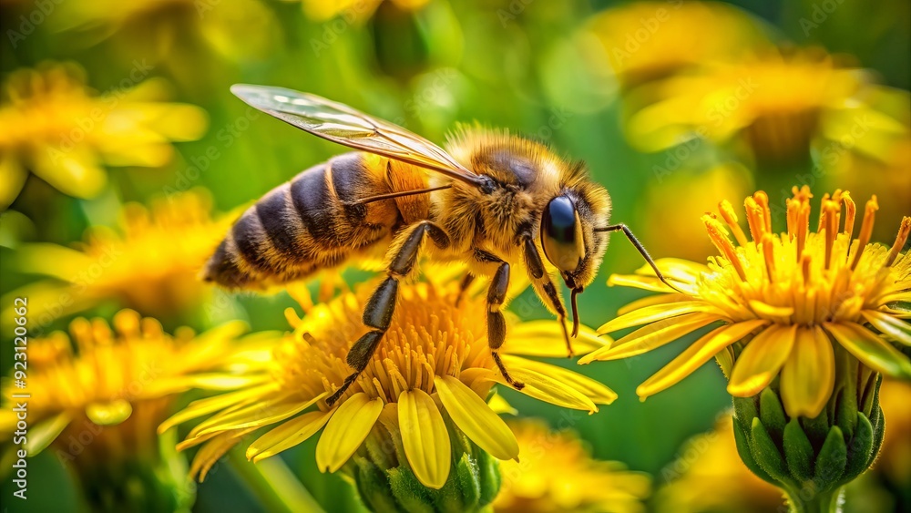 Close-up of a busy anthophila bee collecting nectar from a vibrant yellow flower in a lush green meadow on a sunny summer day. Close-up of a busy anthophila bee collecting nectar from a vibrant yellow flower in a lush green meadow on a sunny summer day.