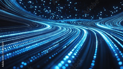 Glowing blue lines in a curved, futuristic pattern on an abstract background. Perfect for showcasing future technology and modern design in banners and business visuals.