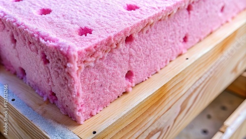 Close-up of pink foam insulation material with tiny holes and uneven texture, surrounded by worn wooden frame, indicating effective heat retention in building construction. photo