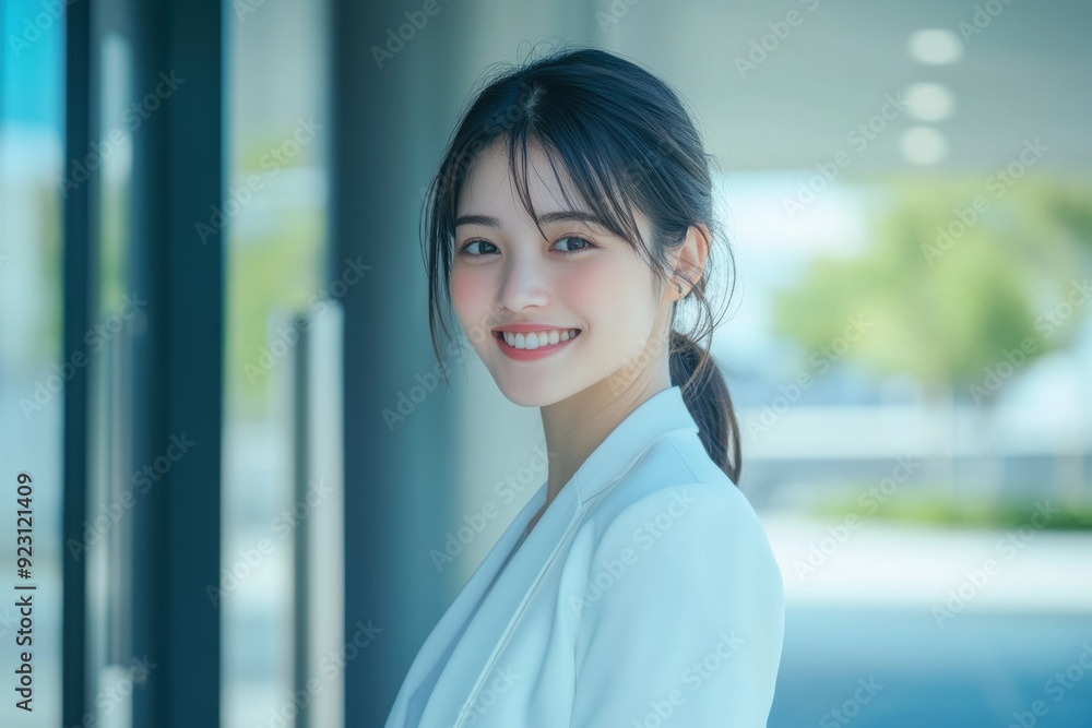 Obraz premium An Asian woman in a white suit smiles confidently while posing outdoors, with a backdrop of modern architecture and office buildings.