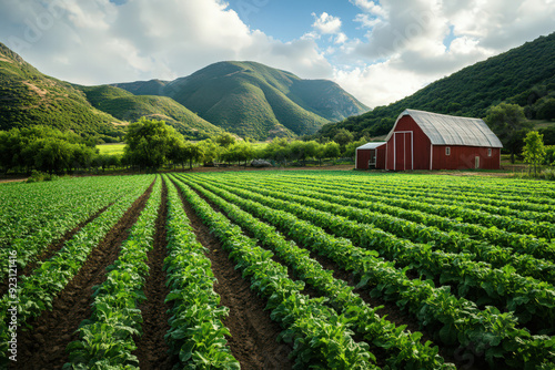 Lush green farm field with rows of crops, featuring a red barn and scenic hills in the background under a blue sky.