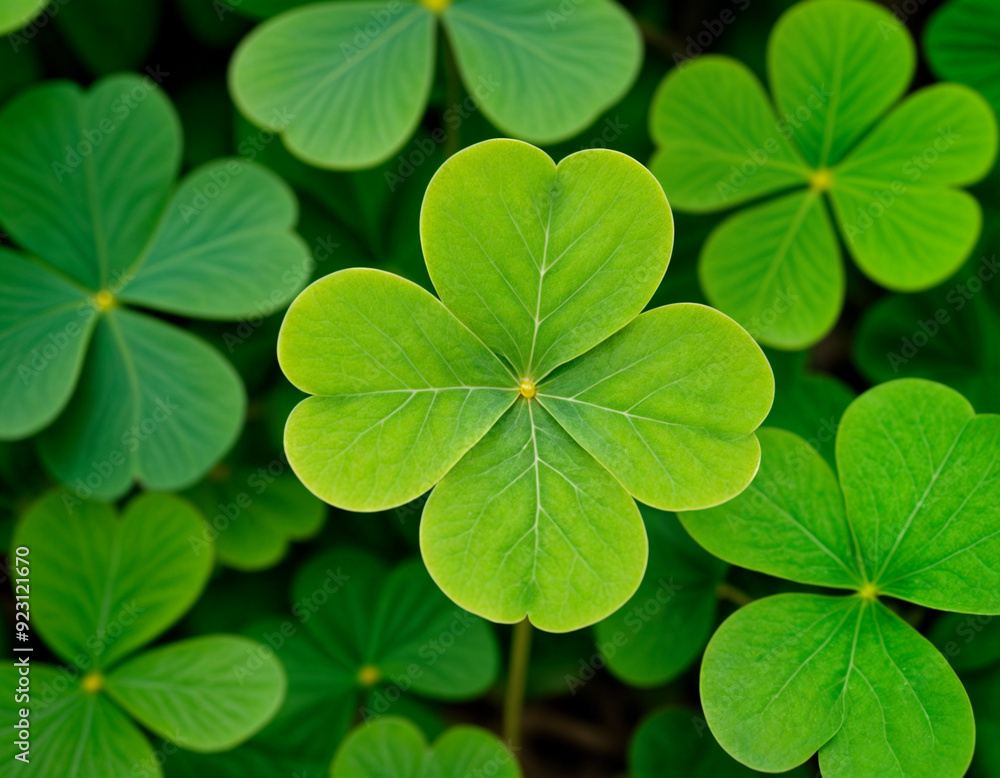 Green shamrock natural background. Selective focus on a central leave Green shamrock natural background. Selective focus on a central leave