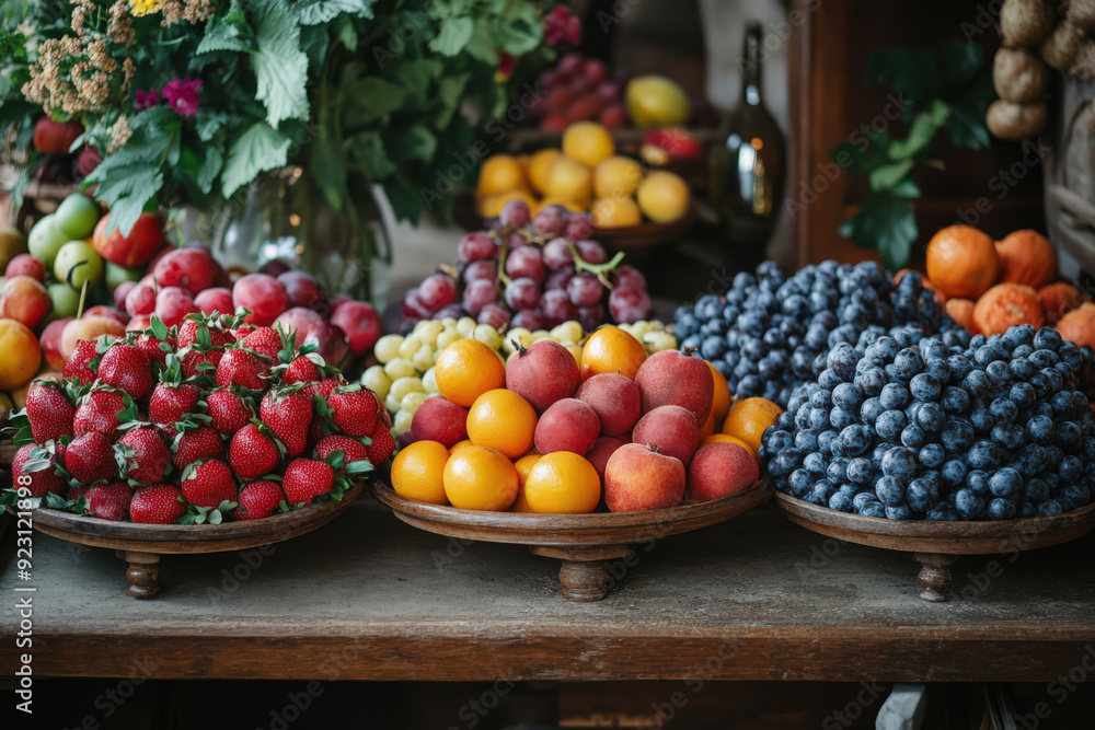 A colorful display of fresh fruits including strawberries, grapes, peaches, and blueberries at a market stand, surrounded by leafy greens. A colorful display of fresh fruits including strawberries, grapes, peaches, and blueberries at a market stand, surrounded by leafy greens.