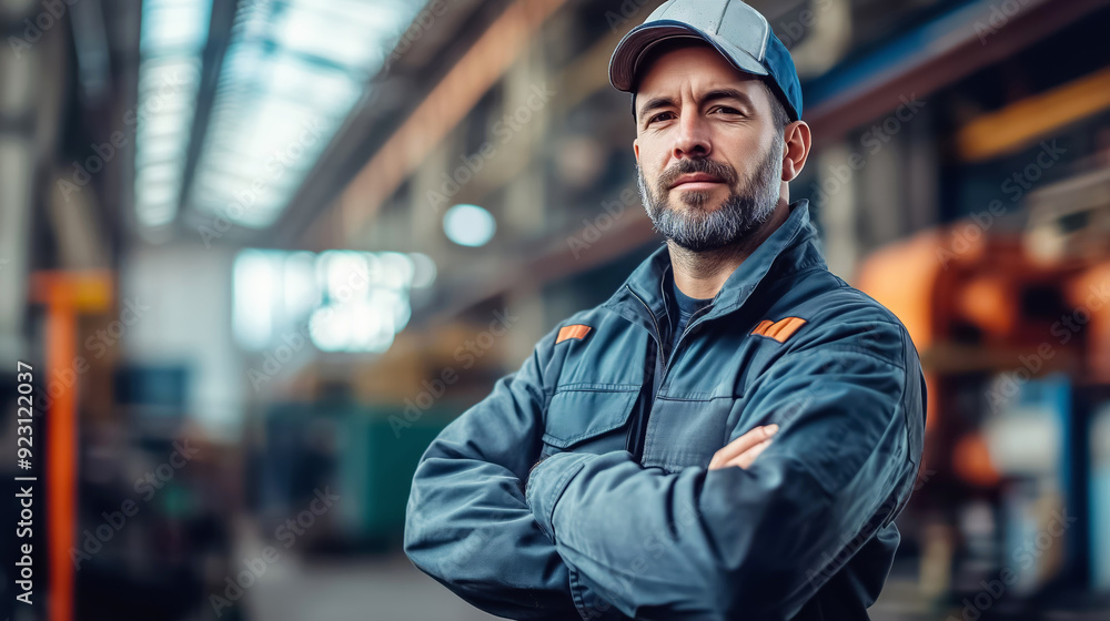 Portrait of a confident industrial worker standing with arms crossed in a factory Portrait of a confident industrial worker standing with arms crossed in a factory