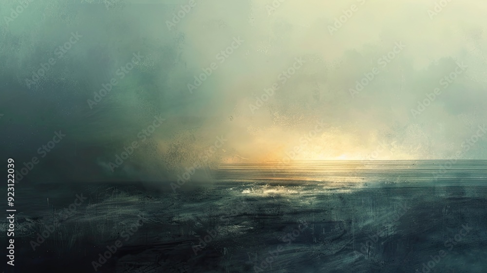 Naklejka premium Dramatic, hazy, minimalistic color, seascape, shore, bright, clouds.