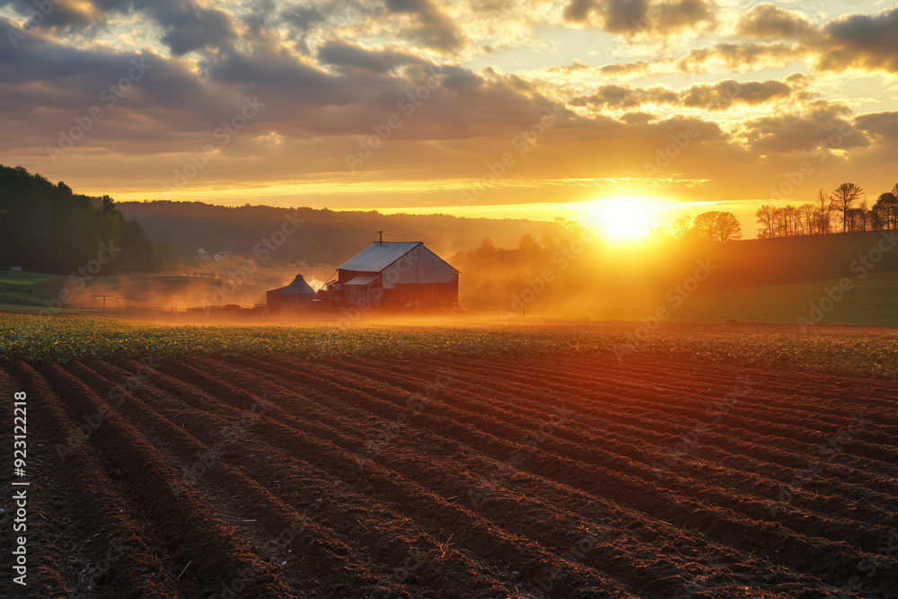 Fototapeta premium Beautiful sunrise over rural farmland with a barn and tilled soil, highlighting the serene countryside landscape in warm morning light.