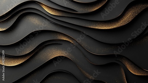 Luxe 3D background of black paper layers and geometric slices, textured with golden glittering details for a high-end graphic design look.