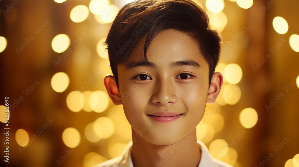 Portrait of a cute handsome happy Asian teenager guy with perfect skin, golden background, banner. Portrait of a cute handsome happy Asian teenager guy with perfect skin, golden background, banner.