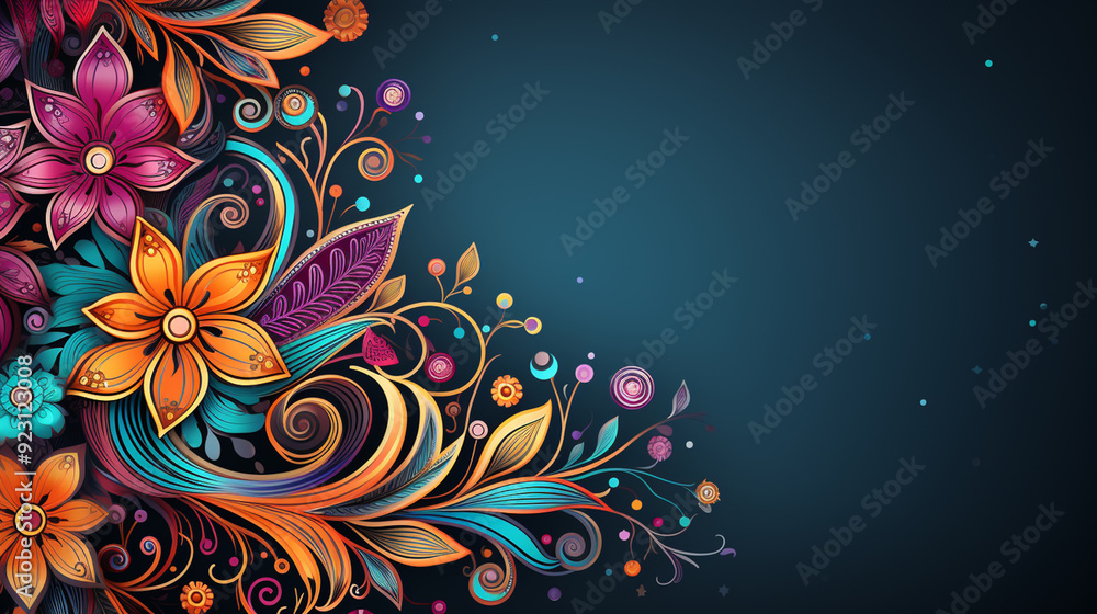 design with illustration of illuminated oil lamps and floral mandala on blurred bokeh background for Diwali festival and space for your text.