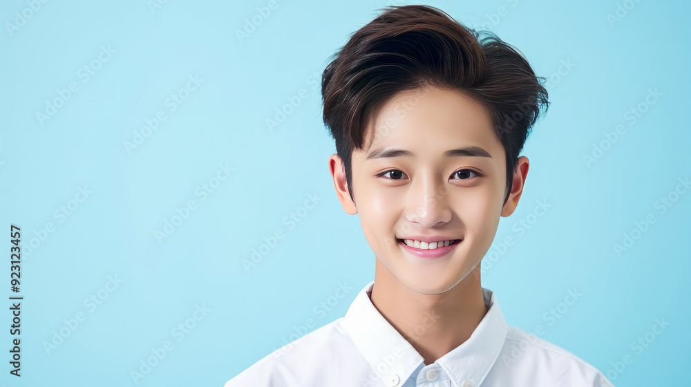 Portrait of a cute handsome happy Asian teenager guy with perfect skin, light blue background, banner. Portrait of a cute handsome happy Asian teenager guy with perfect skin, light blue background, banner.