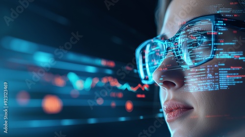 A thoughtful woman wearing glasses studies digital data on a futuristic screen, representing technology and innovation.