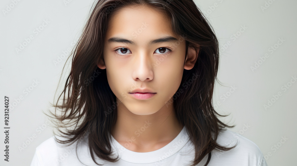 Portrait of a cute handsome happy Asian teenager guy with long hair and perfect skin, white background, banner. Portrait of a cute handsome happy Asian teenager guy with long hair and perfect skin, white background, banner.