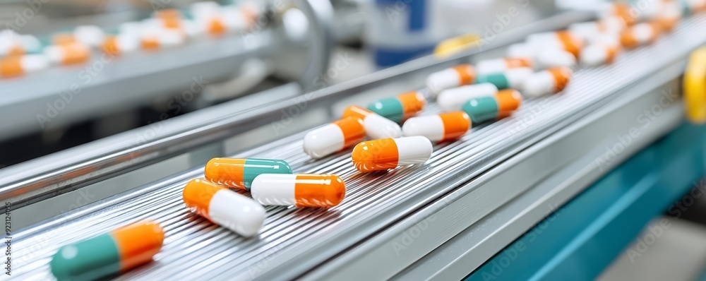 Pharmaceutical capsules traveling on a conveyor system in a factory setting, Medicine production, Precision and automation in drug manufacturing Pharmaceutical capsules traveling on a conveyor system in a factory setting, Medicine production, Precision and automation in drug manufacturing