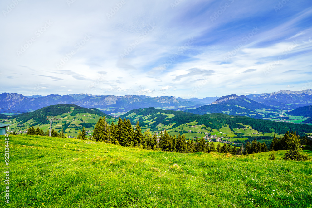 View of the landscape at Markbachjoch near Niederau. Nature and the surrounding mountains near Wildschönau in Tyrol.
View of the landscape at Markbachjoch near Niederau. Nature and the surrounding mountains near Wildschönau in Tyrol.