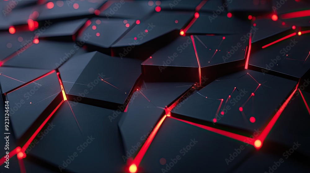 Modern black polygon background with sleek red light elements, ideal for a sophisticated and futuristic technology look. Modern black polygon background with sleek red light elements, ideal for a sophisticated and futuristic technology look.