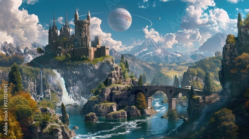 Fantasy landscape, a medieval castle on a rock.