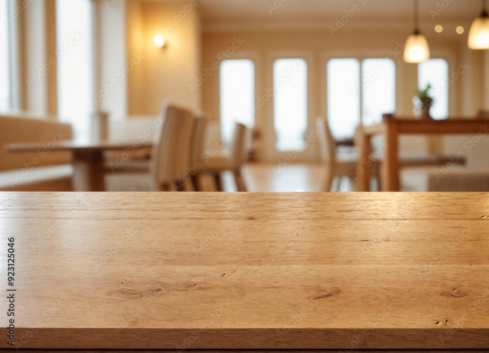 Empty wood table with blur interior outdoor space coffee restaurant or cafe for background Empty wood table with blur interior outdoor space coffee restaurant or cafe for background