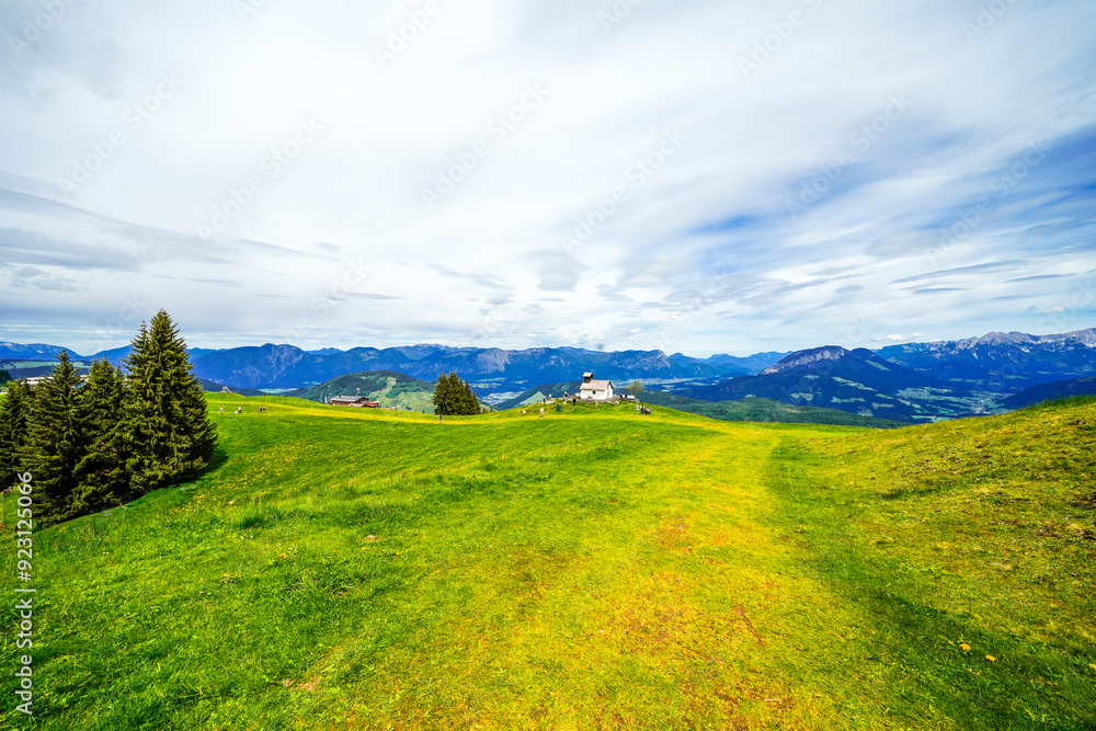 Obraz premium View of the landscape at Markbachjoch near Niederau. Nature and the surrounding mountains near Wildschönau in Tyrol.