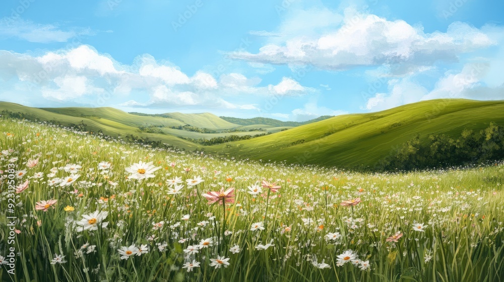 A daytime scene with a field of flowers swaying in the breeze, set against a backdrop of rolling green hills and a bright blue sky. A daytime scene with a field of flowers swaying in the breeze, set against a backdrop of rolling green hills and a bright blue sky.